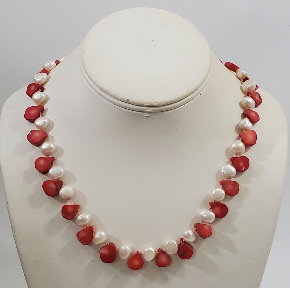 Freshwater Pearl & Teardrop Shaped Red Coral Bead Sterling Silver Necklace 20"
